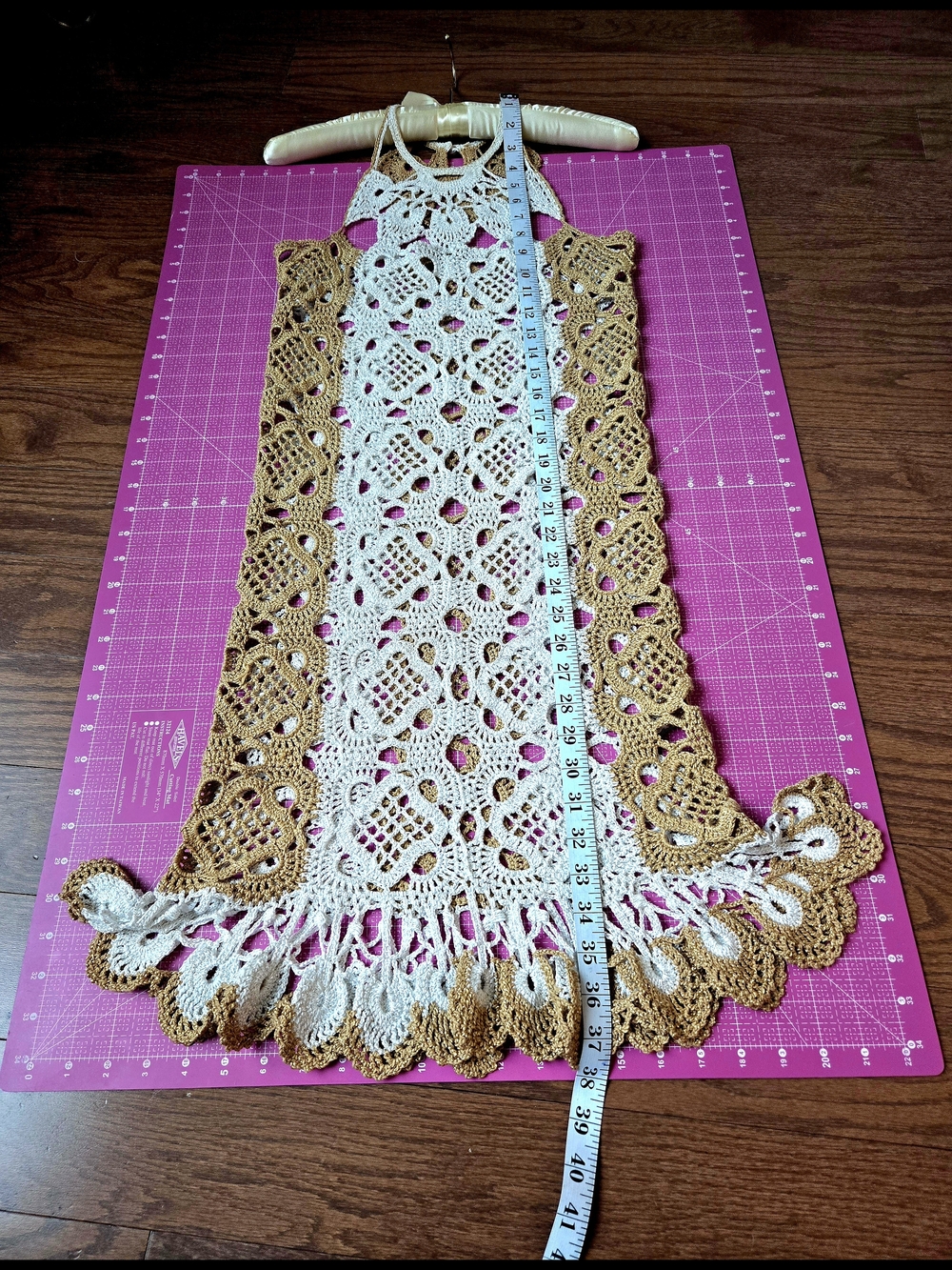 VACATION COTTON Handcrafted Bohemian Crochet Mini Dress in Cream and Tan Size S